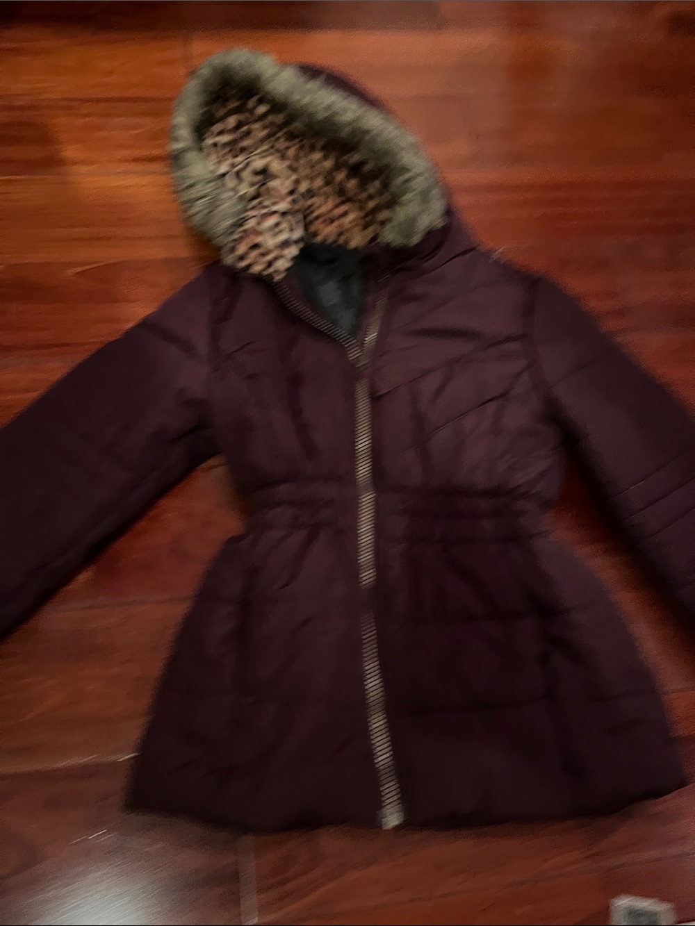 Girls Quilted Hooded Puffer Jacket with Faux Fur Trim - Plum
